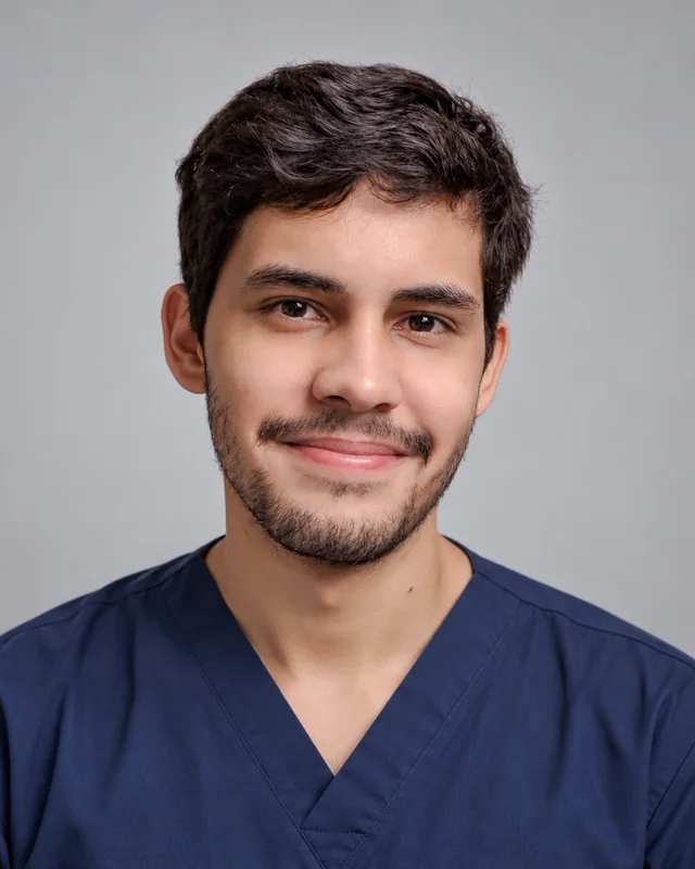 AI-generated physician portrait illustration of a man in navy medical scrubs