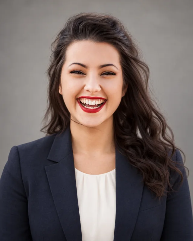 AI-generated woman wearing a dark tailored blazer over an ivory blouse against a quiet gray studio background