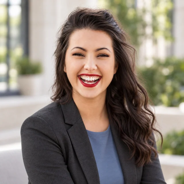 AI-generated product example: a smiling woman in a charcoal jacket, with soft portrait light in a bright courtyard.