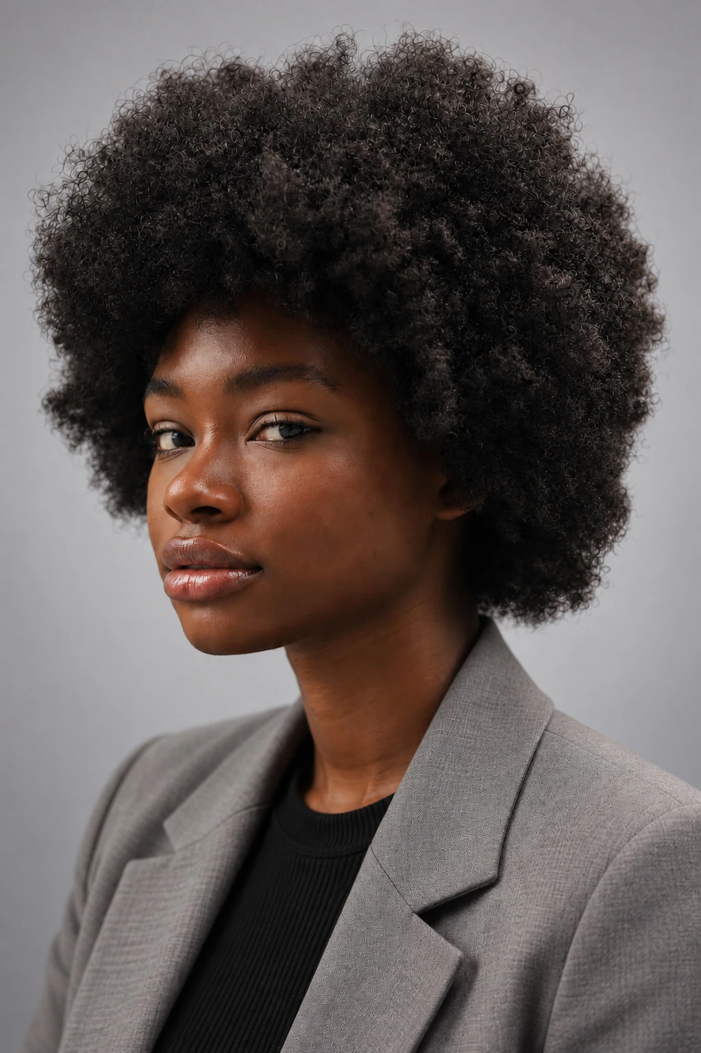 Photo professionnelle de la même femme créée avec l’IA, avec une tenue sobre et un fond neutre