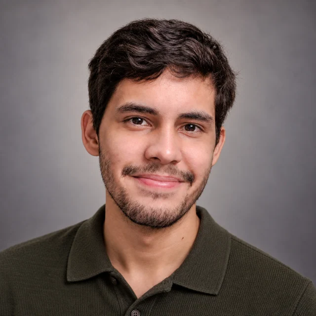 AI-generated business portrait with coordinated clothing and studio lighting.