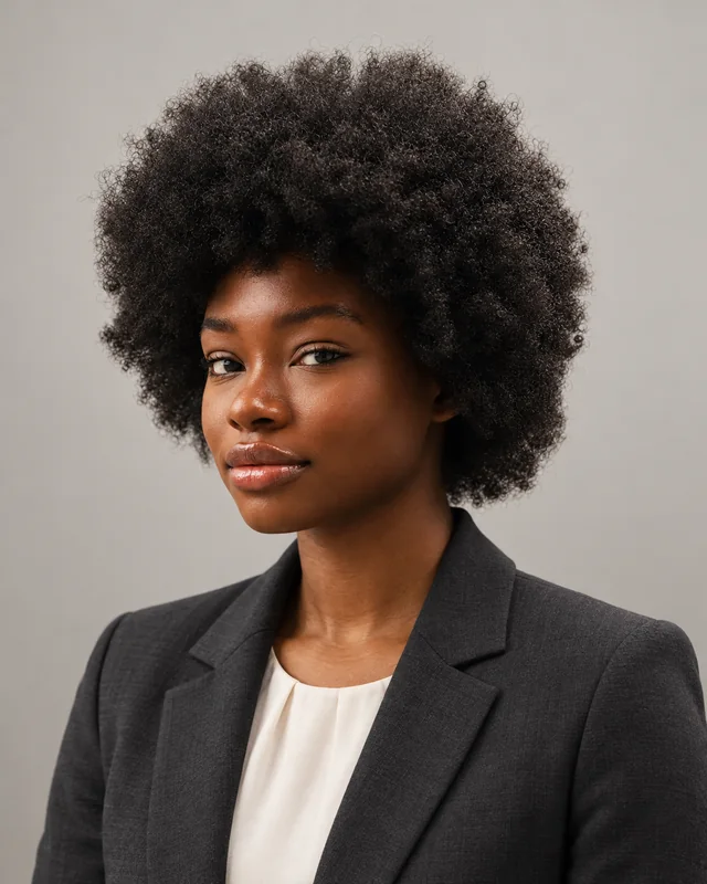 AI attorney styling illustration of a woman with natural hair wearing a charcoal jacket