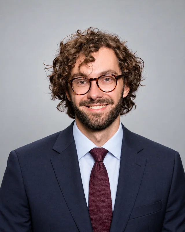 AI styling illustration of a formal legal-profile portrait in a studio setting.