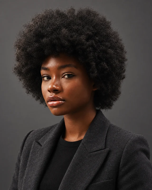 AI model headshot styling illustration with a charcoal jacket, directional light, and a dark gray backdrop