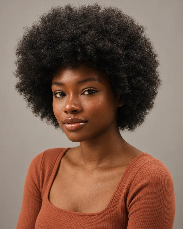 AI model headshot styling illustration with a relaxed smile, terracotta top, and warm studio lighting