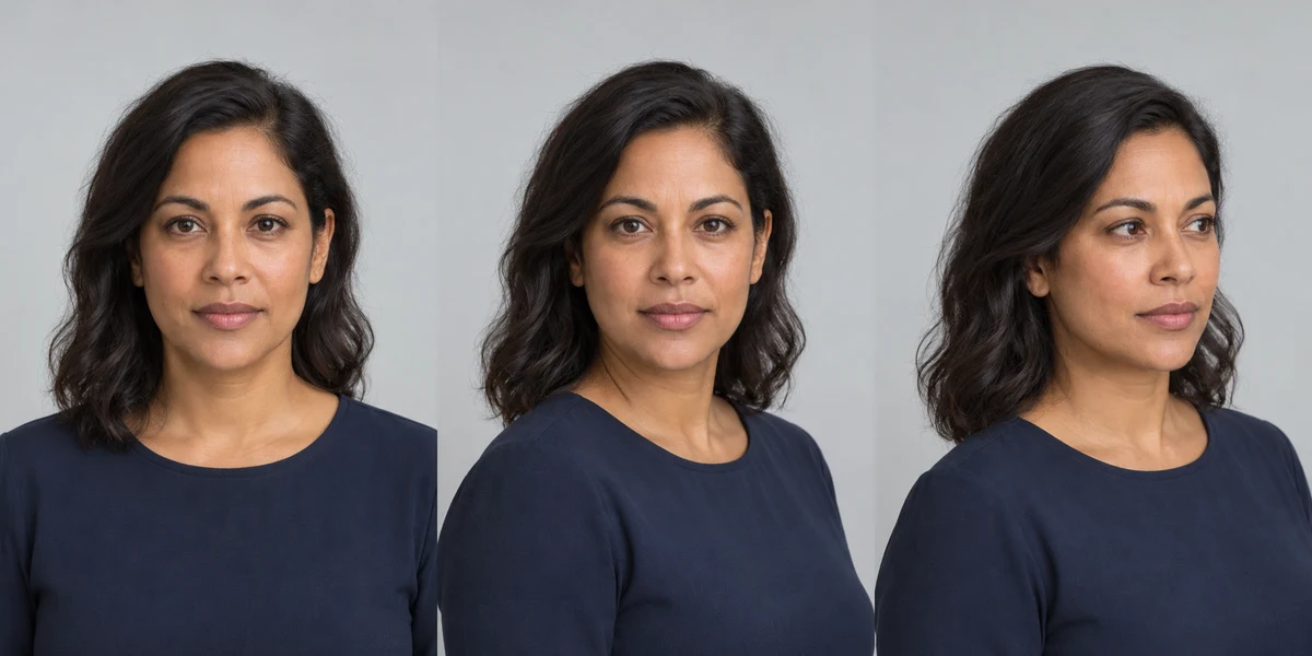 AI pose illustration of a woman with angled shoulders and her face toward the camera in soft studio light.