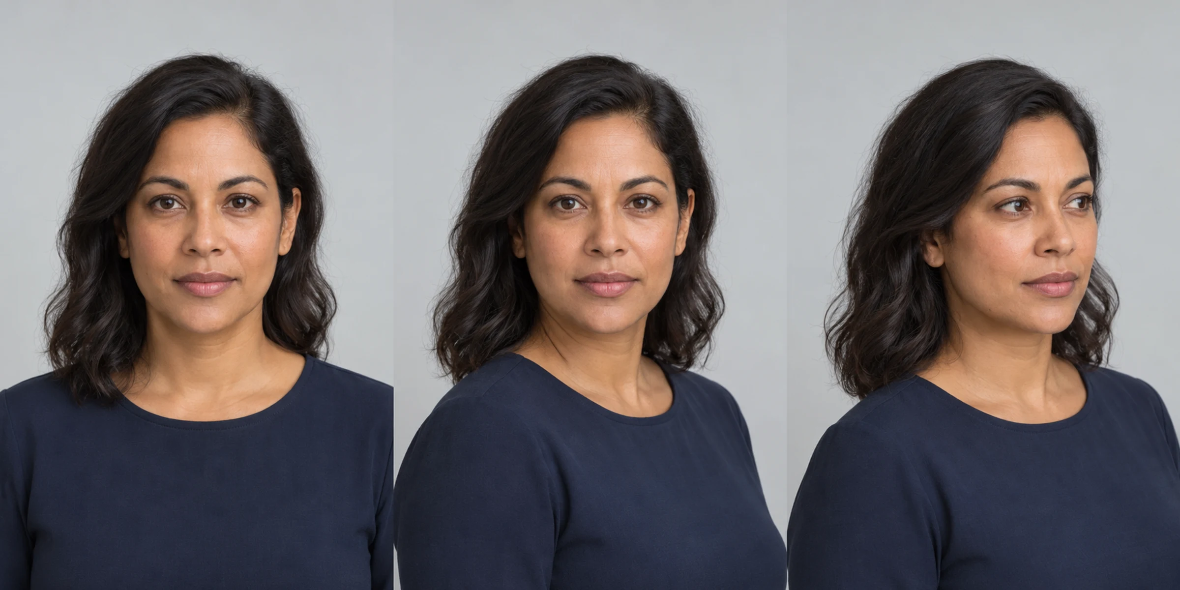 AI pose illustration: a woman in a navy top with shoulders and face forward, looking toward the camera under soft studio lighting.